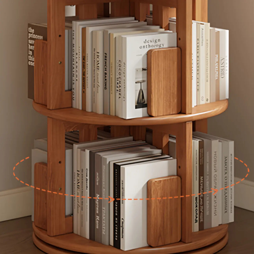 Narrow Cherry Wood Vertical 6 Shelf Rotating Bookshelf