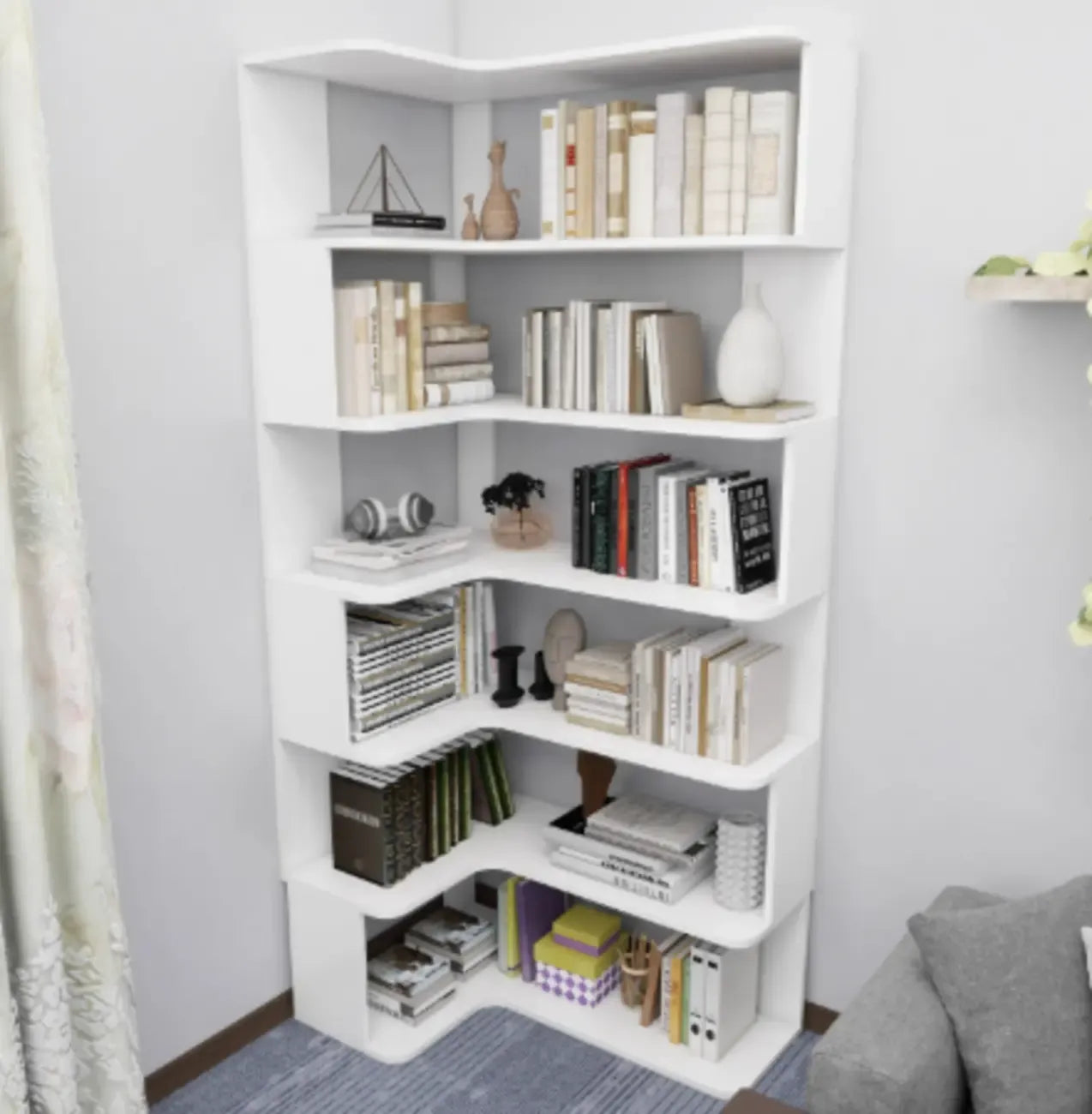 Manufactured Wood Corner Bookshelf with 6 Shelves