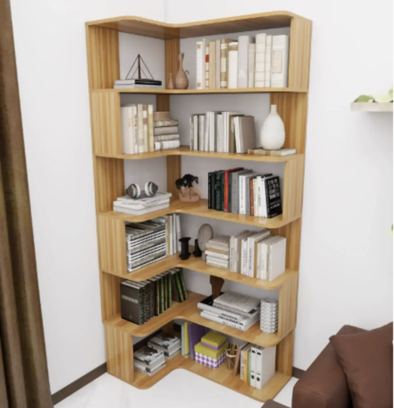 Manufactured Wood Corner Bookshelf with 6 Shelves