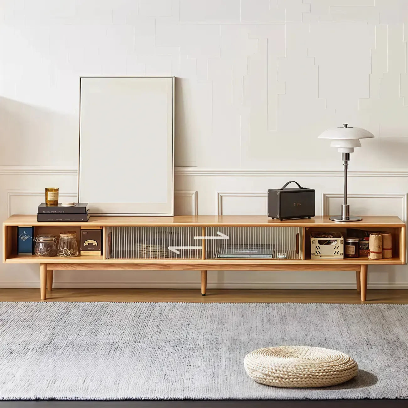 Natural Wood TV Stand with 2 Cabinets