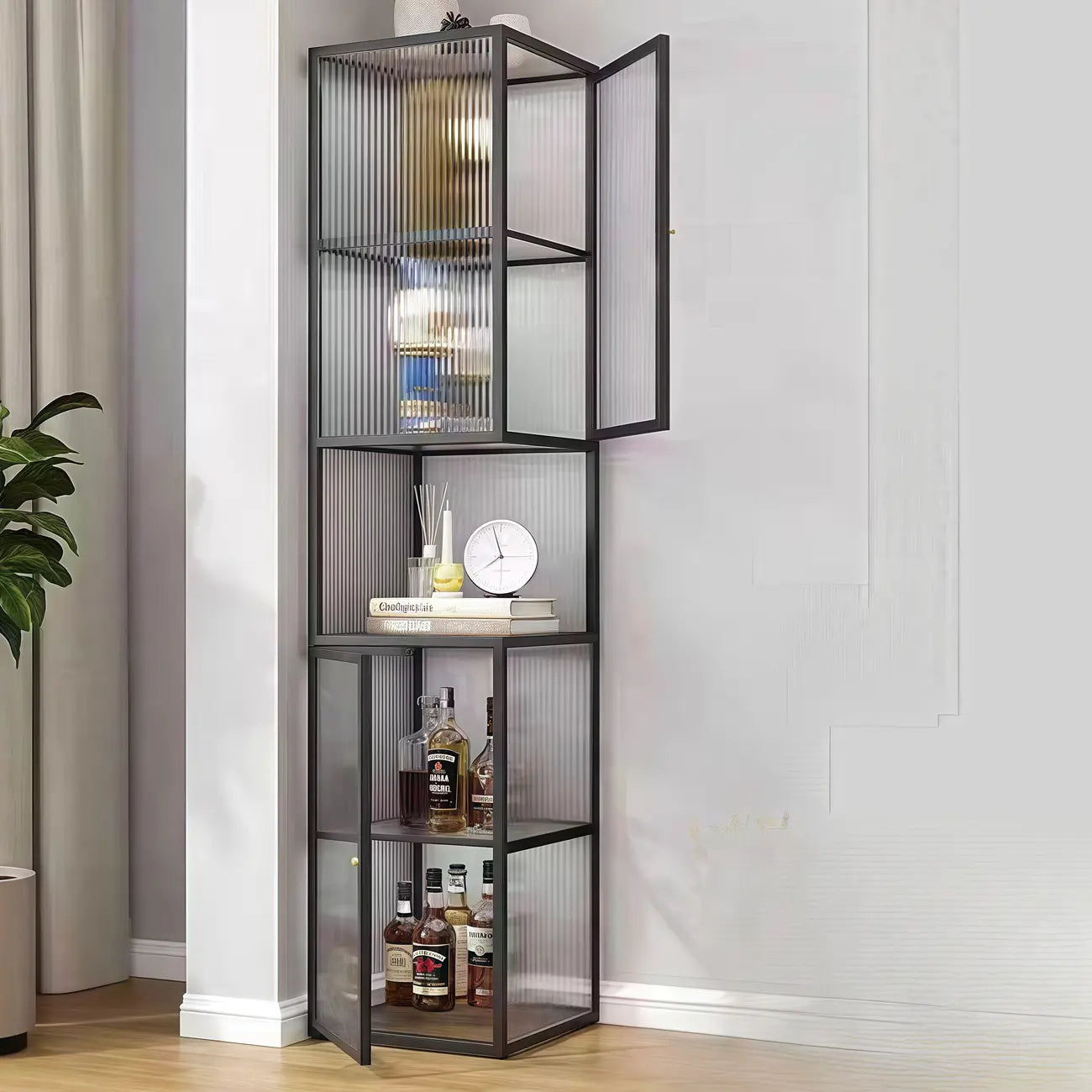 Modern Floor 4-Shelf Metal Display Cabinet with Glass Doors