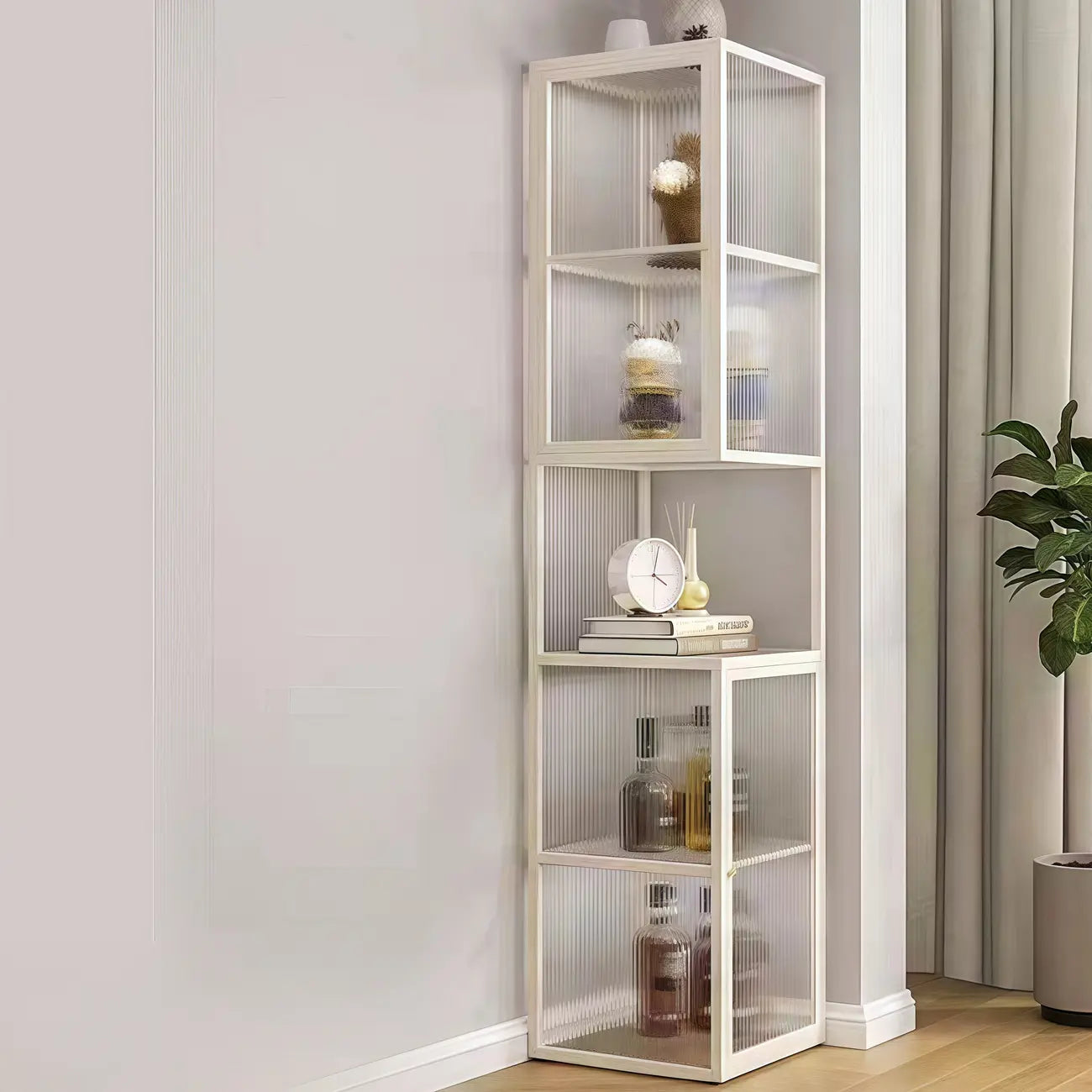Modern Floor 4-Shelf Metal Display Cabinet with Glass Doors