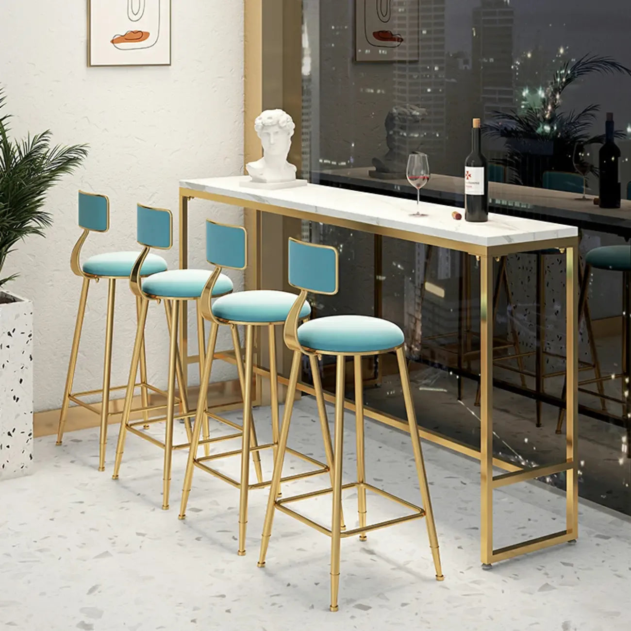 Glam White Marble Gold Iron Trestle Footrest Bar Tables