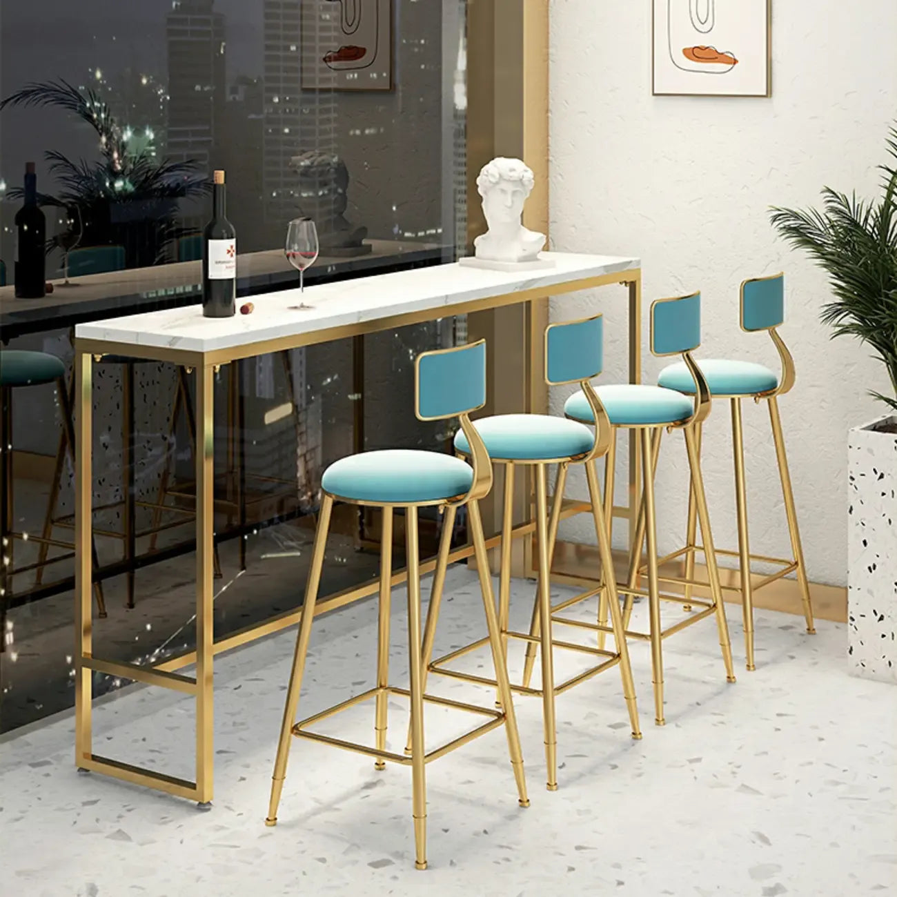 Glam White Marble Gold Iron Trestle Footrest Bar Tables