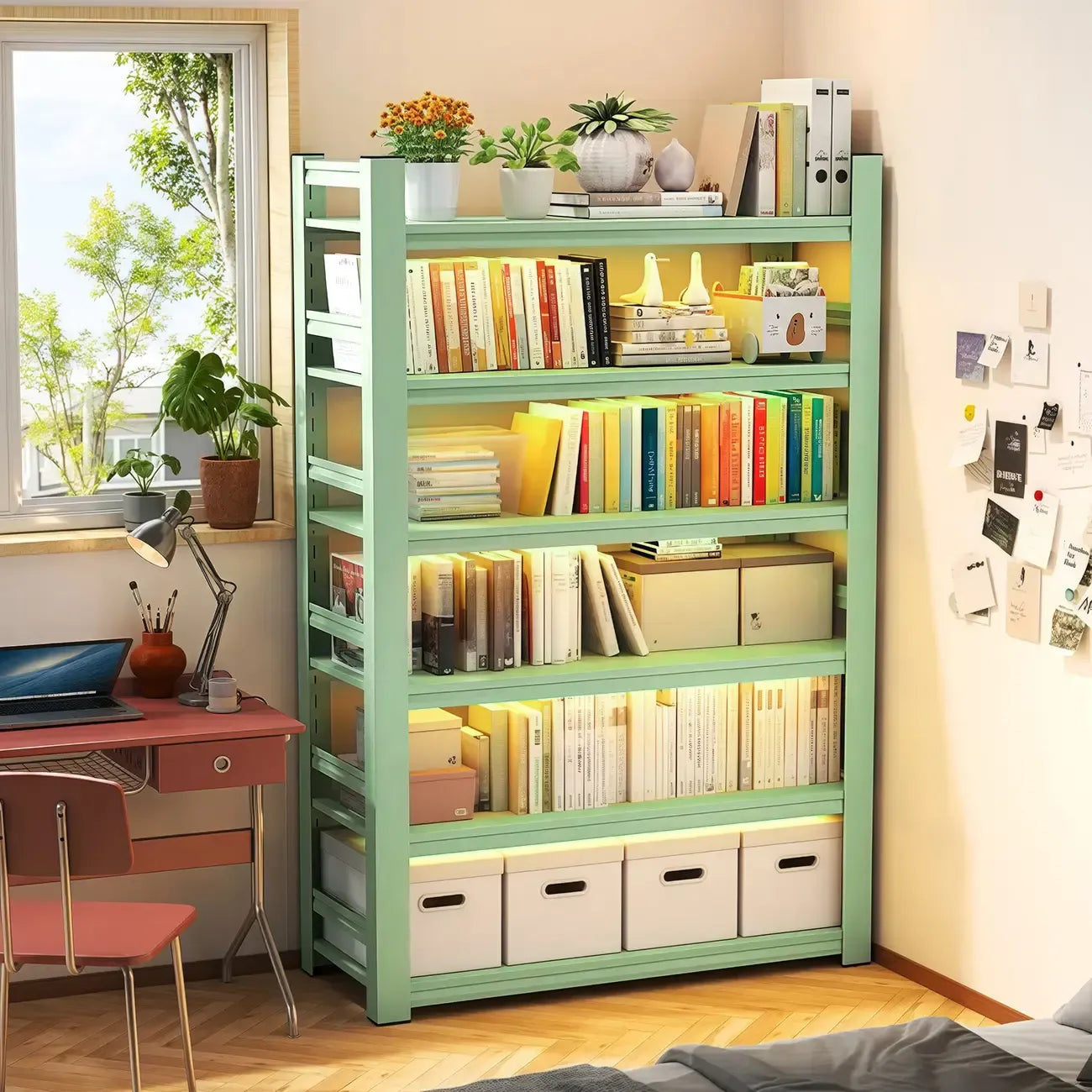 Multi-functional Vertical Green Steel 5-Shelf Bookshelf