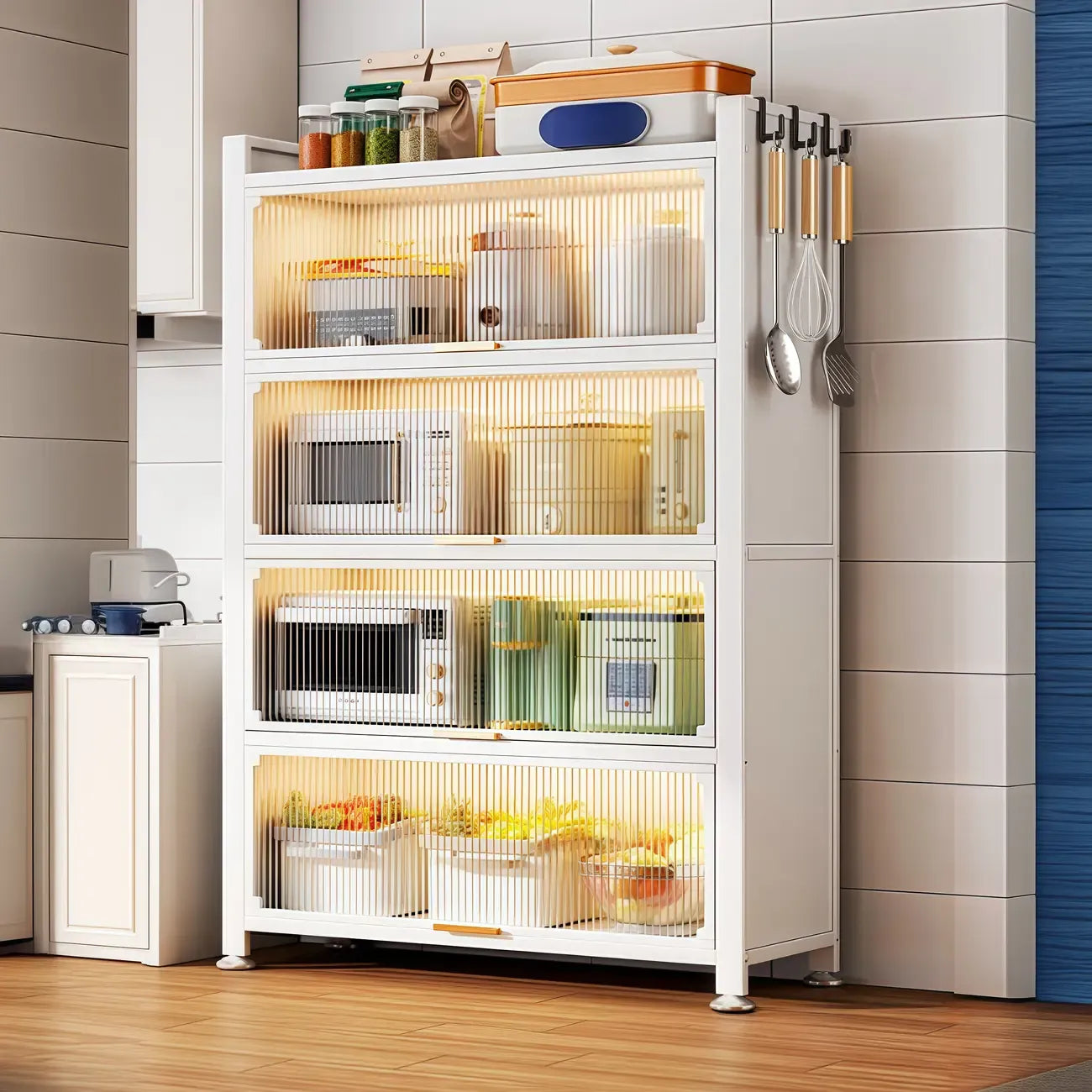 Narrow Steel Multi-Shelf Lift-Up Door Buffet Cabinet