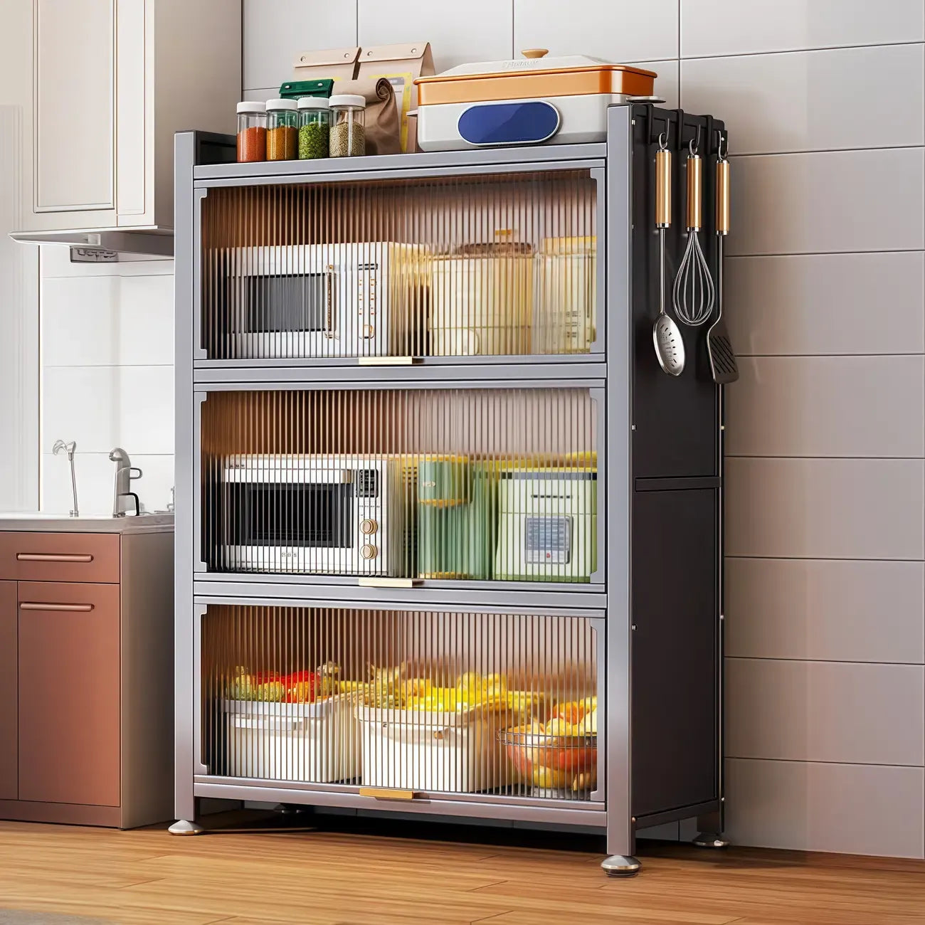 Narrow Steel Multi-Shelf Lift-Up Door Buffet Cabinet