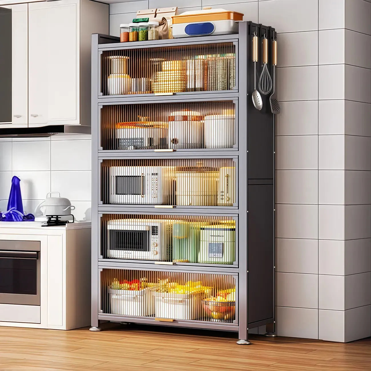 Narrow Steel Multi-Shelf Lift-Up Door Buffet Cabinet