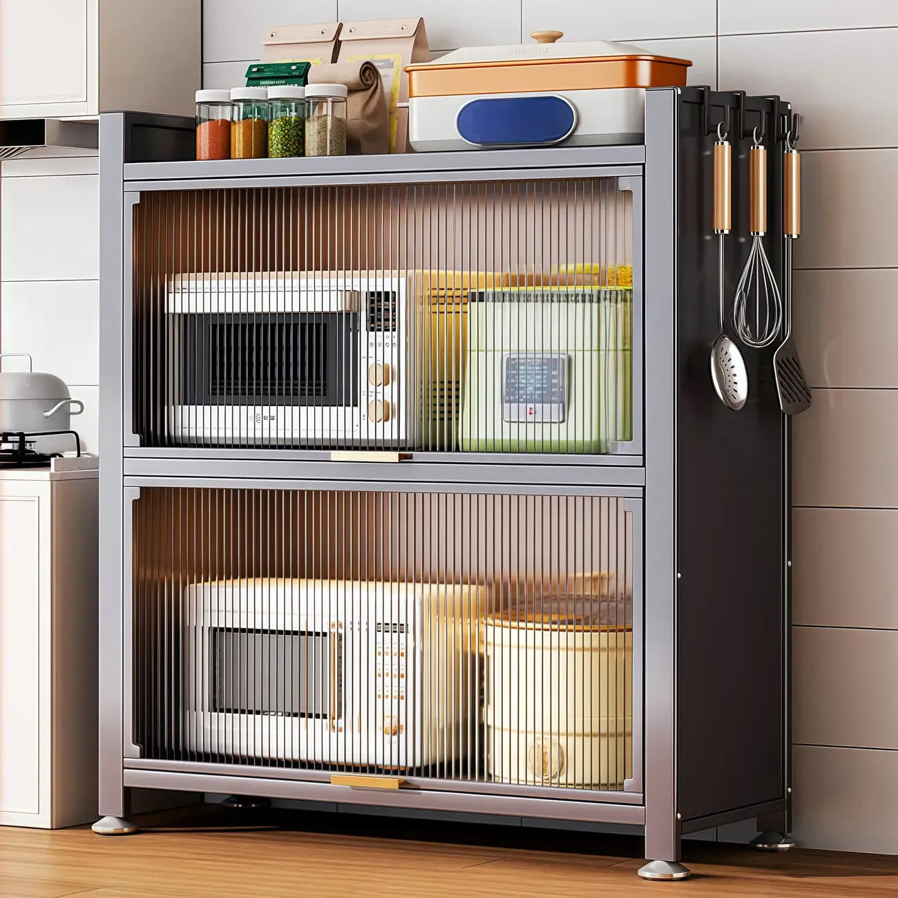 Narrow Steel Multi-Shelf Lift-Up Door Buffet Cabinet