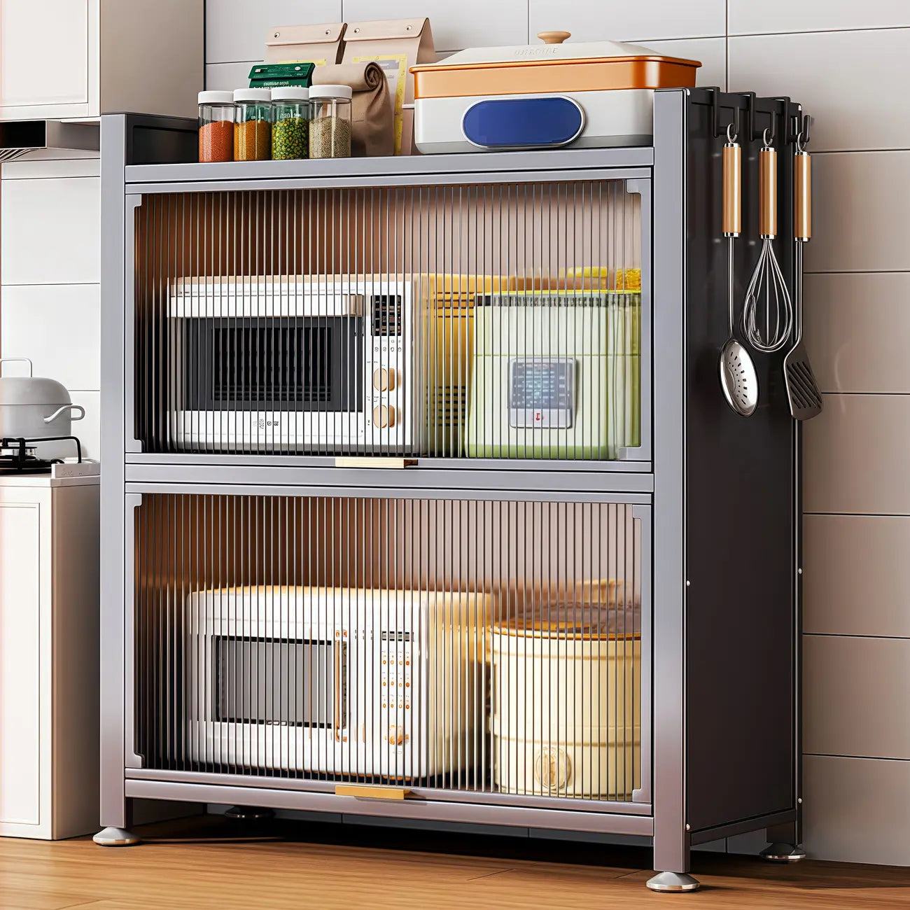 Narrow Steel Multi-Shelf Lift-Up Door Buffet Cabinet