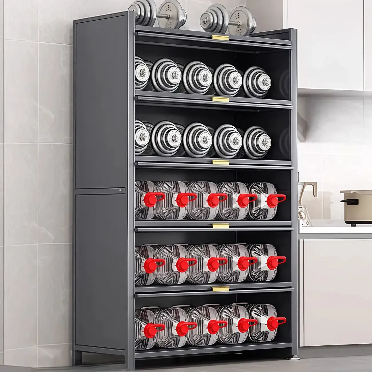 Narrow Steel Multi-Shelf Lift-Up Door Buffet Cabinet