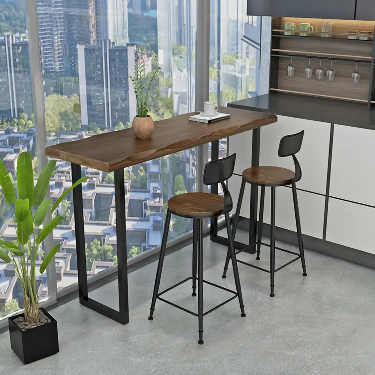 Modern Brown Pine Wood Top Iron Sled Bar Table