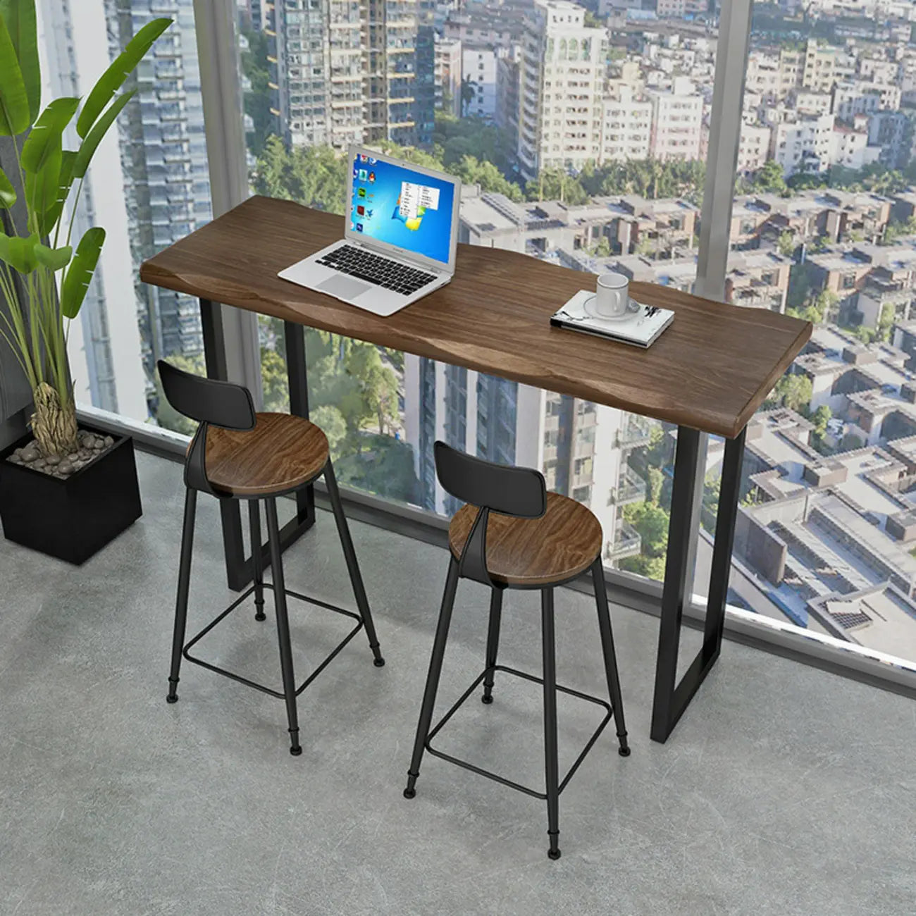 Modern Brown Pine Wood Top Iron Sled Bar Table