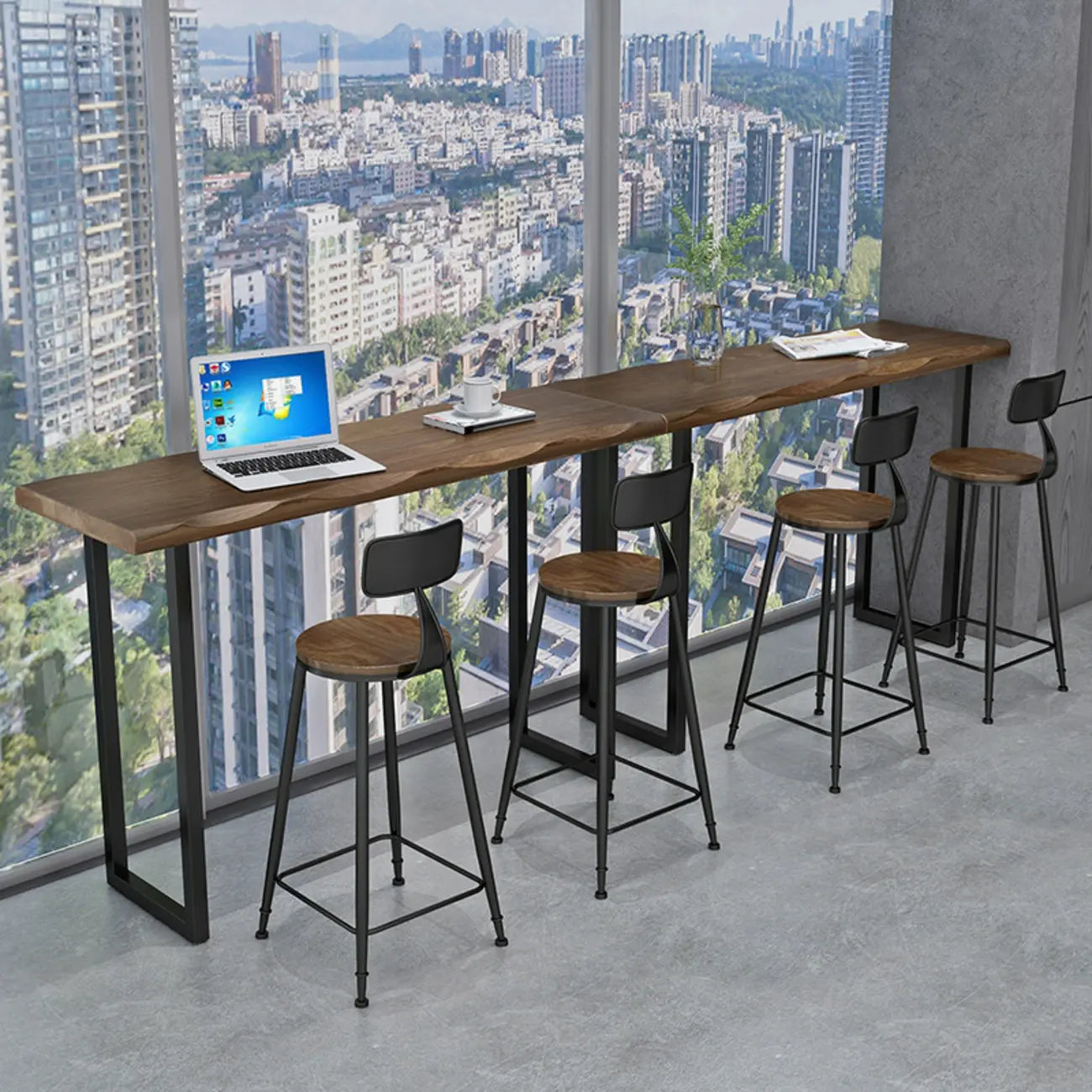 Modern Brown Pine Wood Top Iron Sled Bar Table