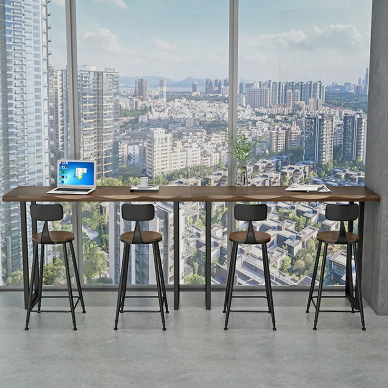 Modern Brown Pine Wood Top Iron Sled Bar Table