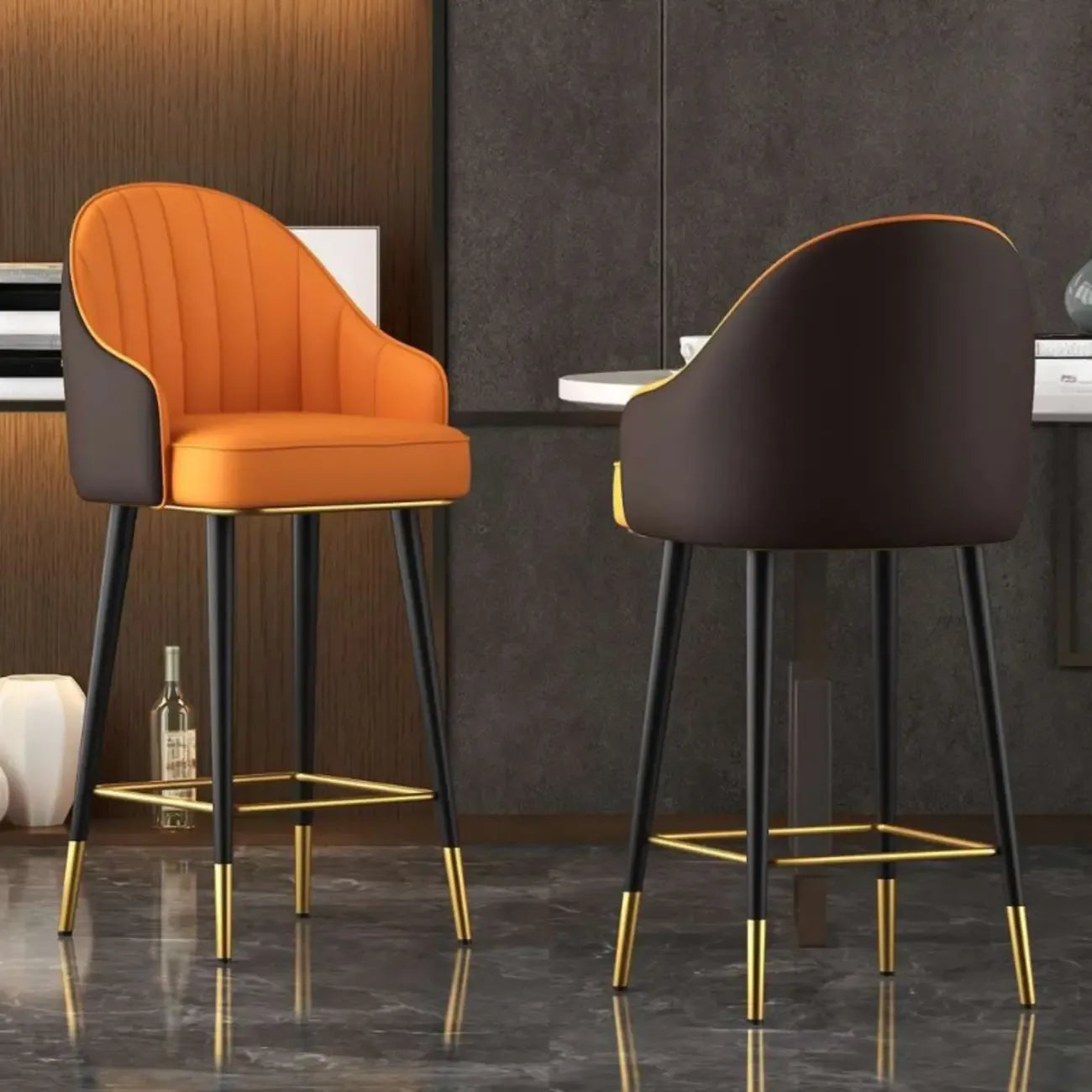 Art Deco Bucket Orange Leather Bar Stool with Back