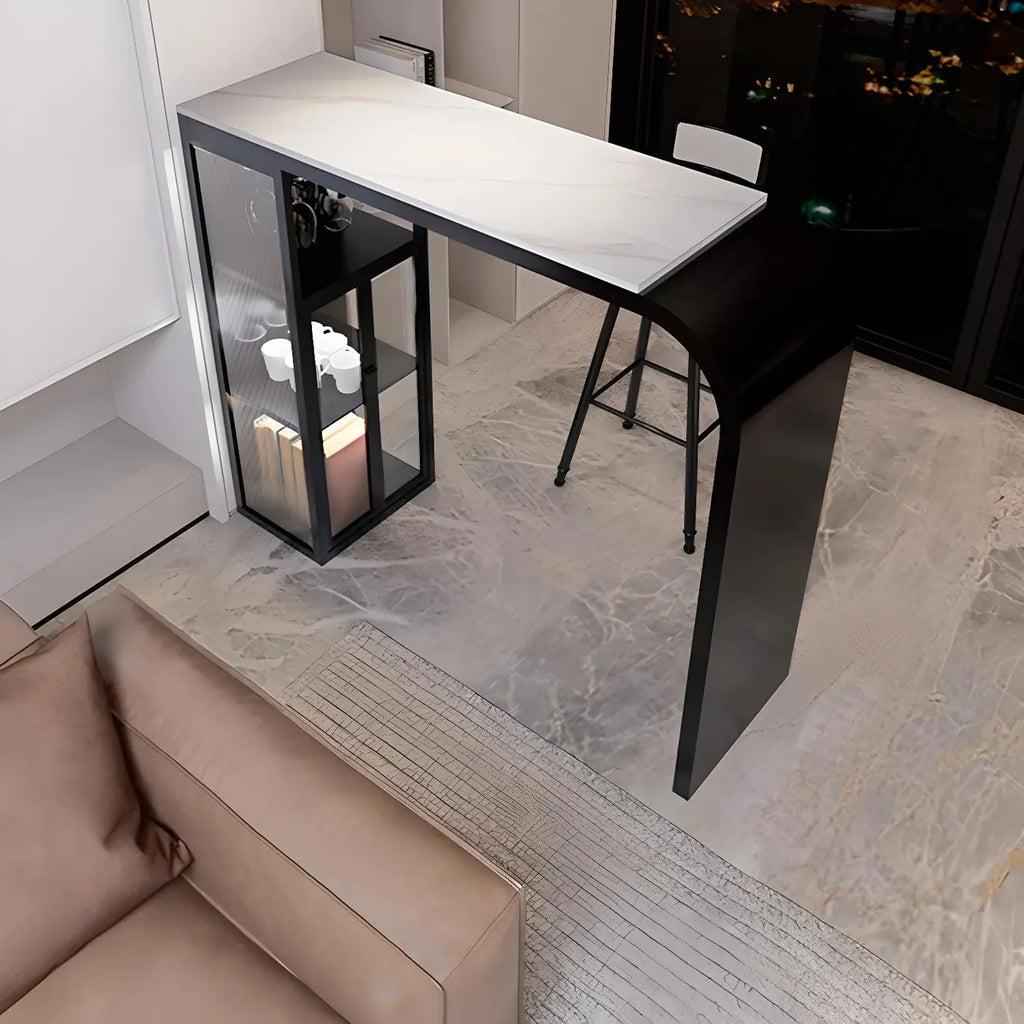 Modern White Stone Top Metal Bar Table with Storage