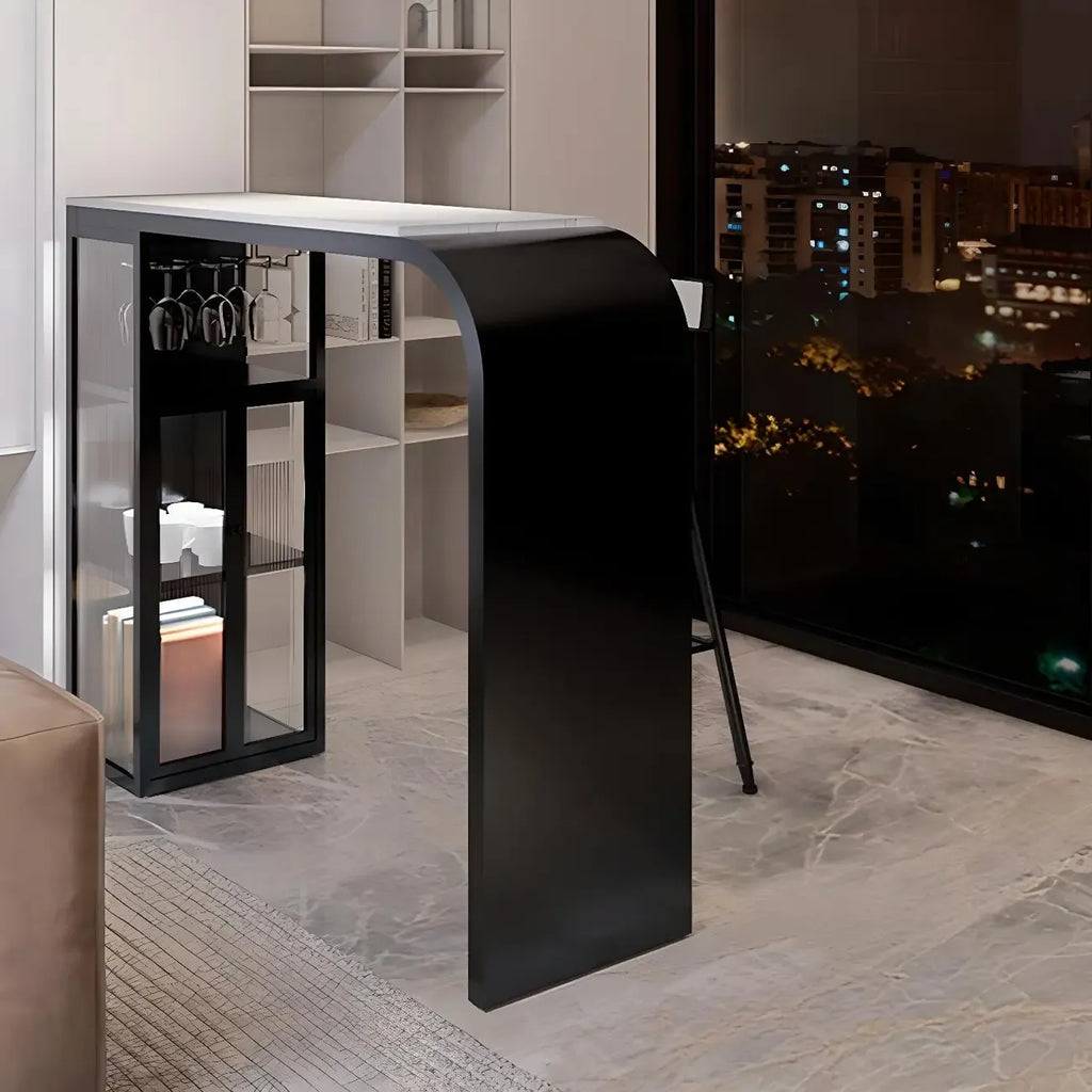 Modern White Stone Top Metal Bar Table with Storage