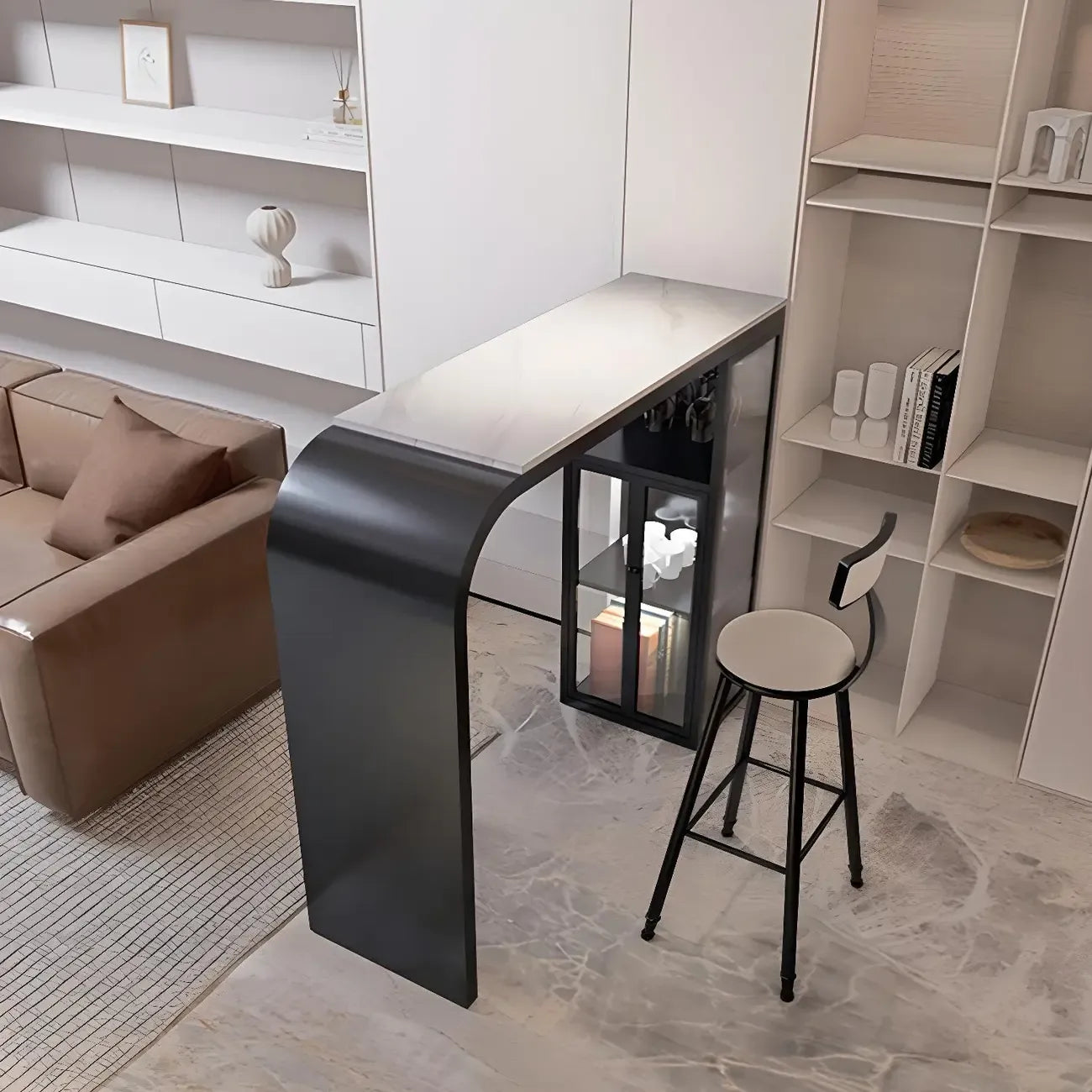 Modern White Stone Top Metal Bar Table with Storage