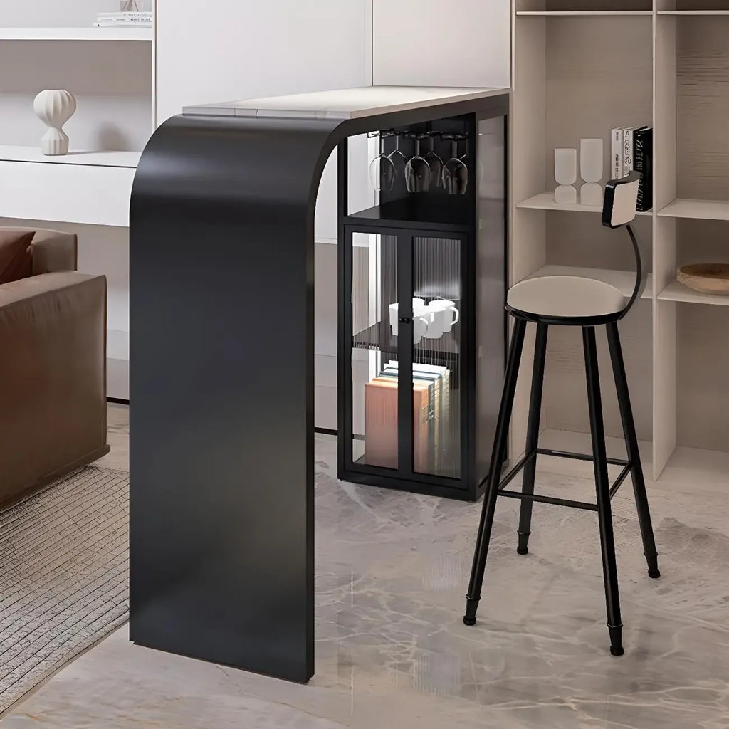 Modern White Stone Top Metal Bar Table with Storage