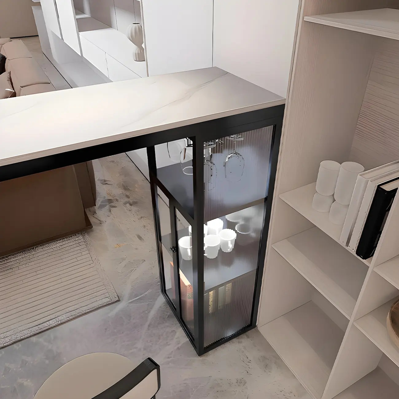 Modern White Stone Top Metal Bar Table with Storage