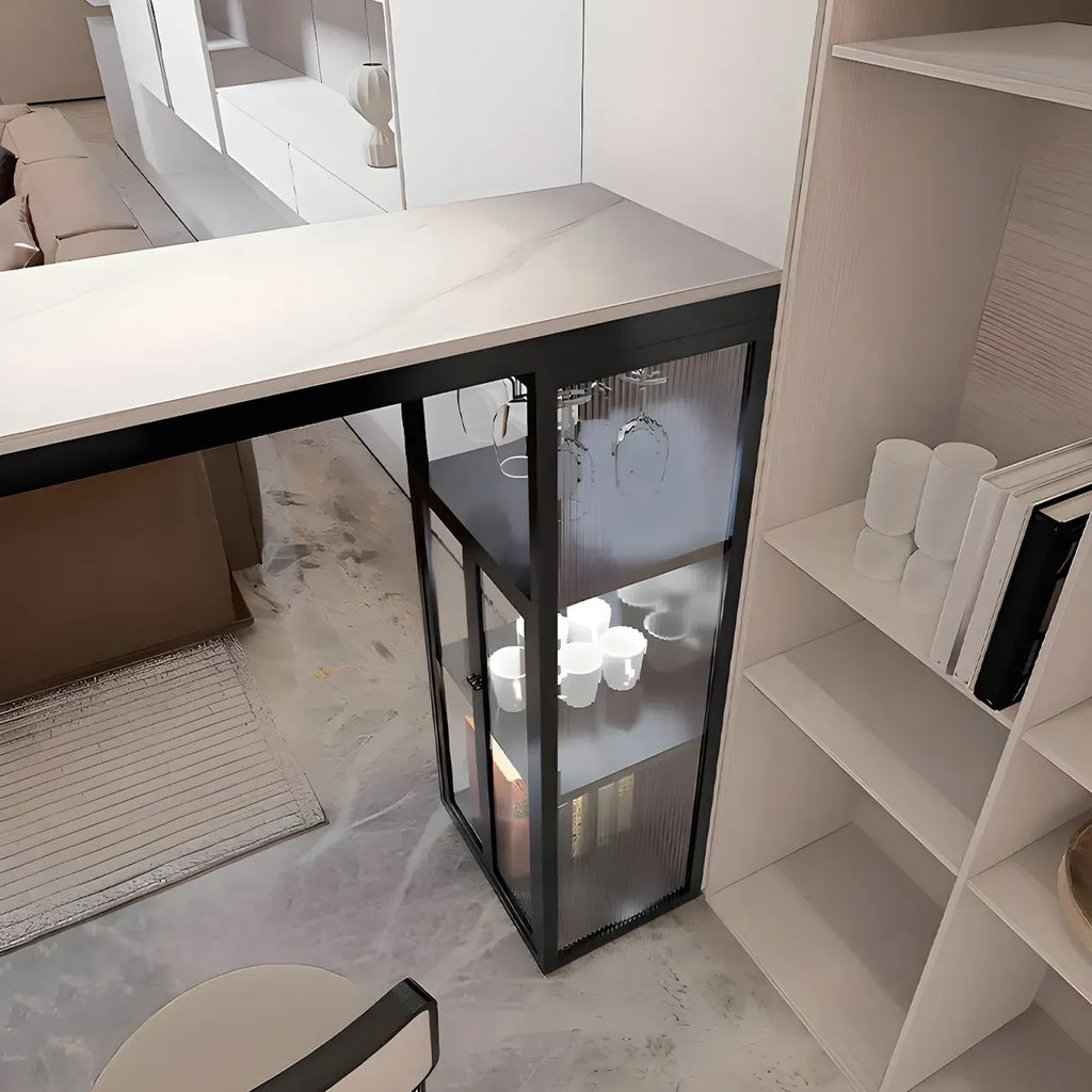 Modern White Stone Top Metal Bar Table with Storage