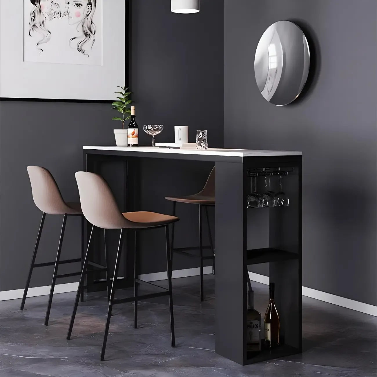 Modern Stone Top Metal Shelves Bar Table with Cup Holder