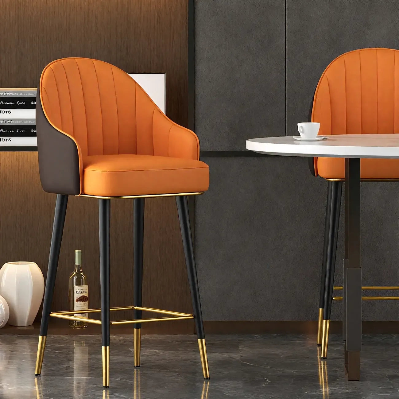 Art Deco Bucket Orange Leather Bar Stool with Back