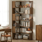 Modern L-Shaped Walnut Wood Open Back Corner Bookcase
