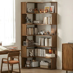 Modern L-Shaped Walnut Wood Open Back Corner Bookcase