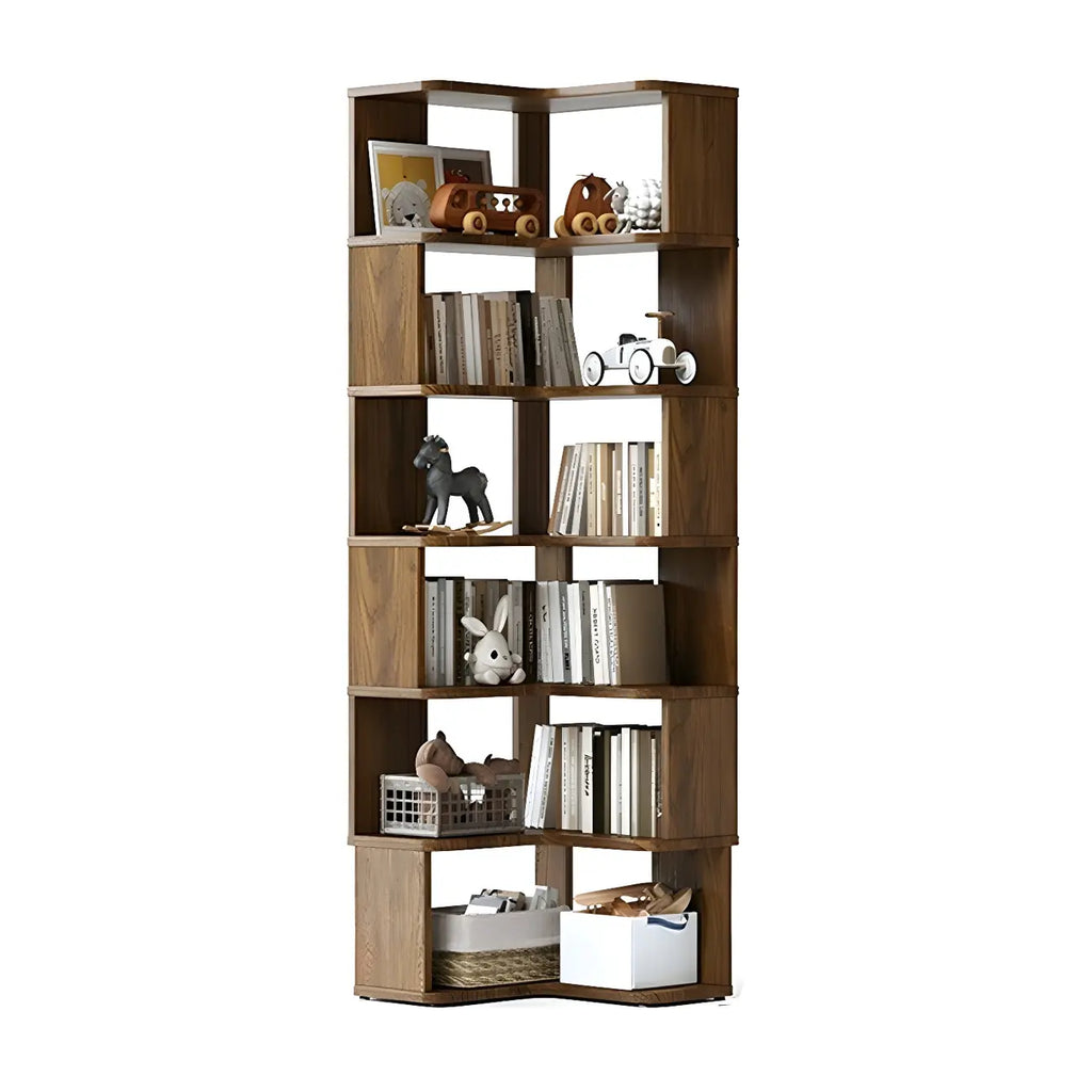 Modern L-Shaped Walnut Wood Open Back Corner Bookcase