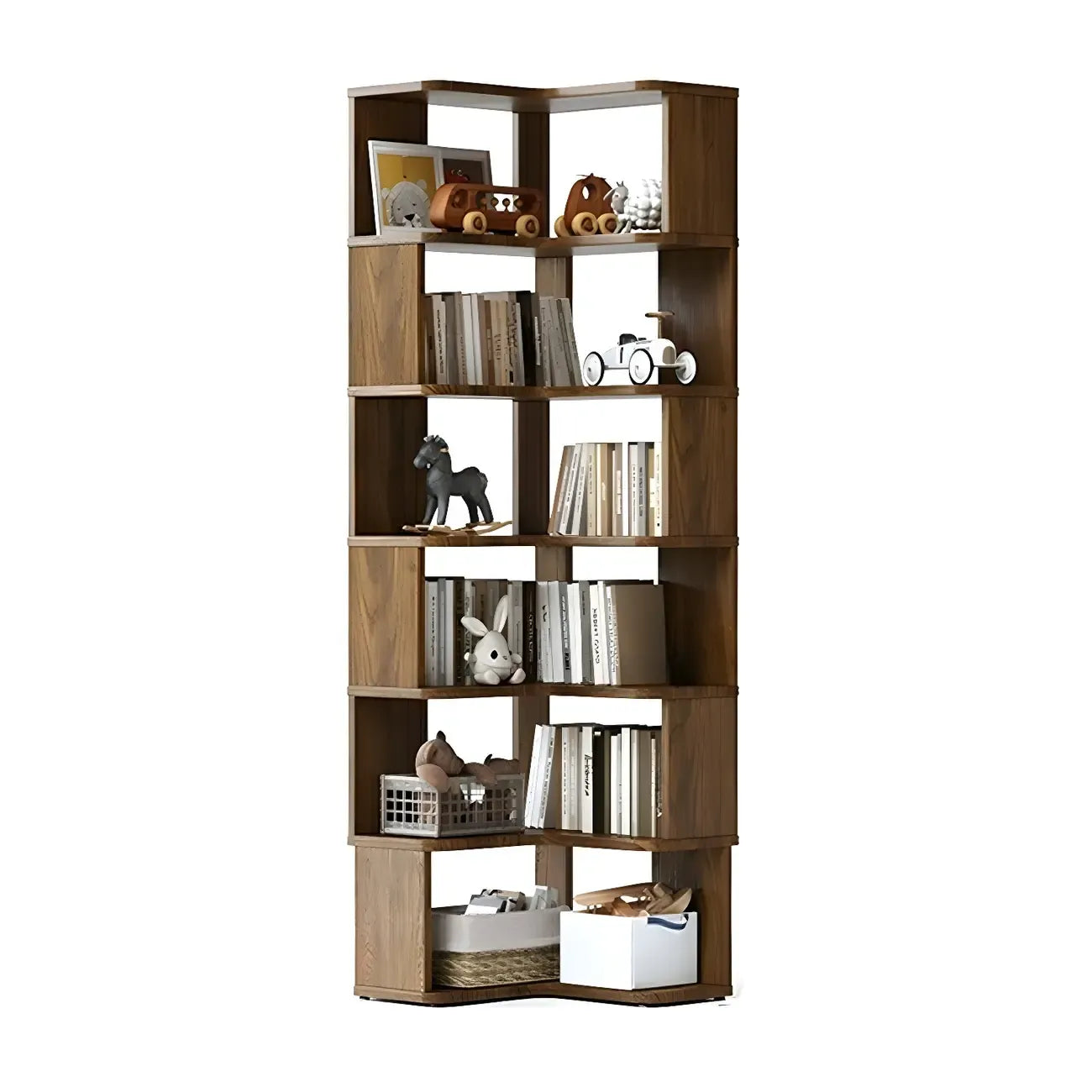 Modern L-Shaped Walnut Wood Open Back Corner Bookcase