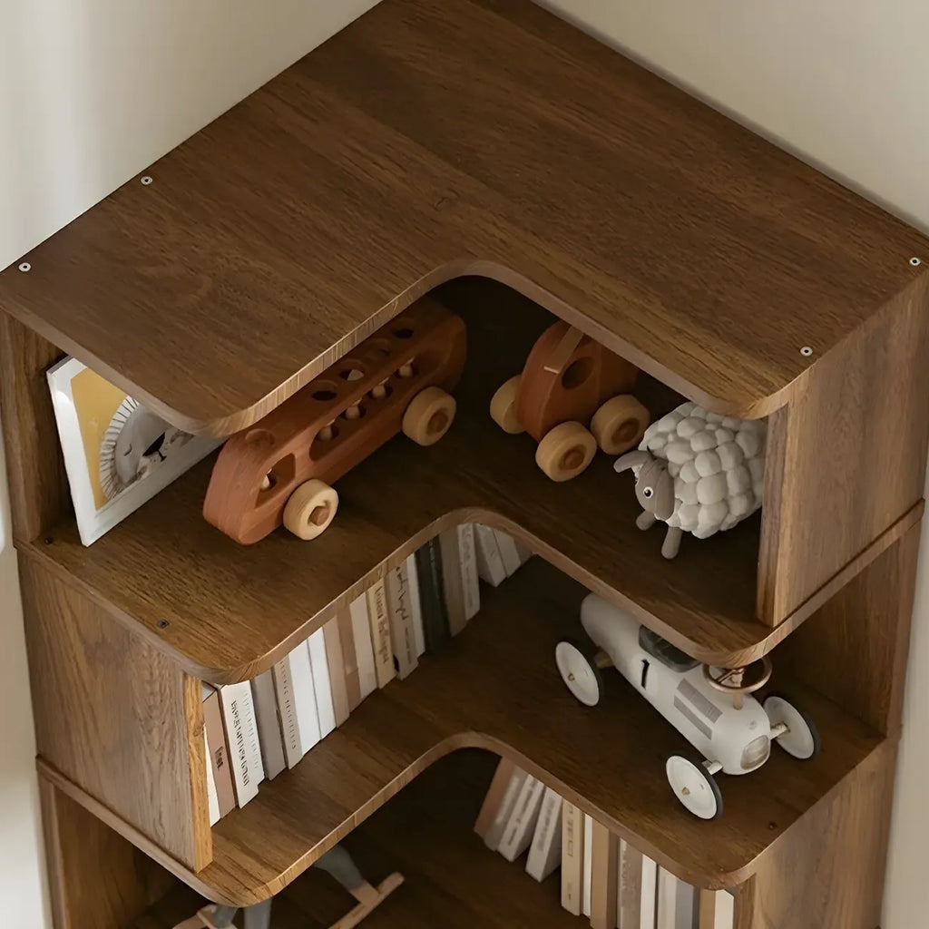 Modern L-Shaped Walnut Wood Open Back Corner Bookcase