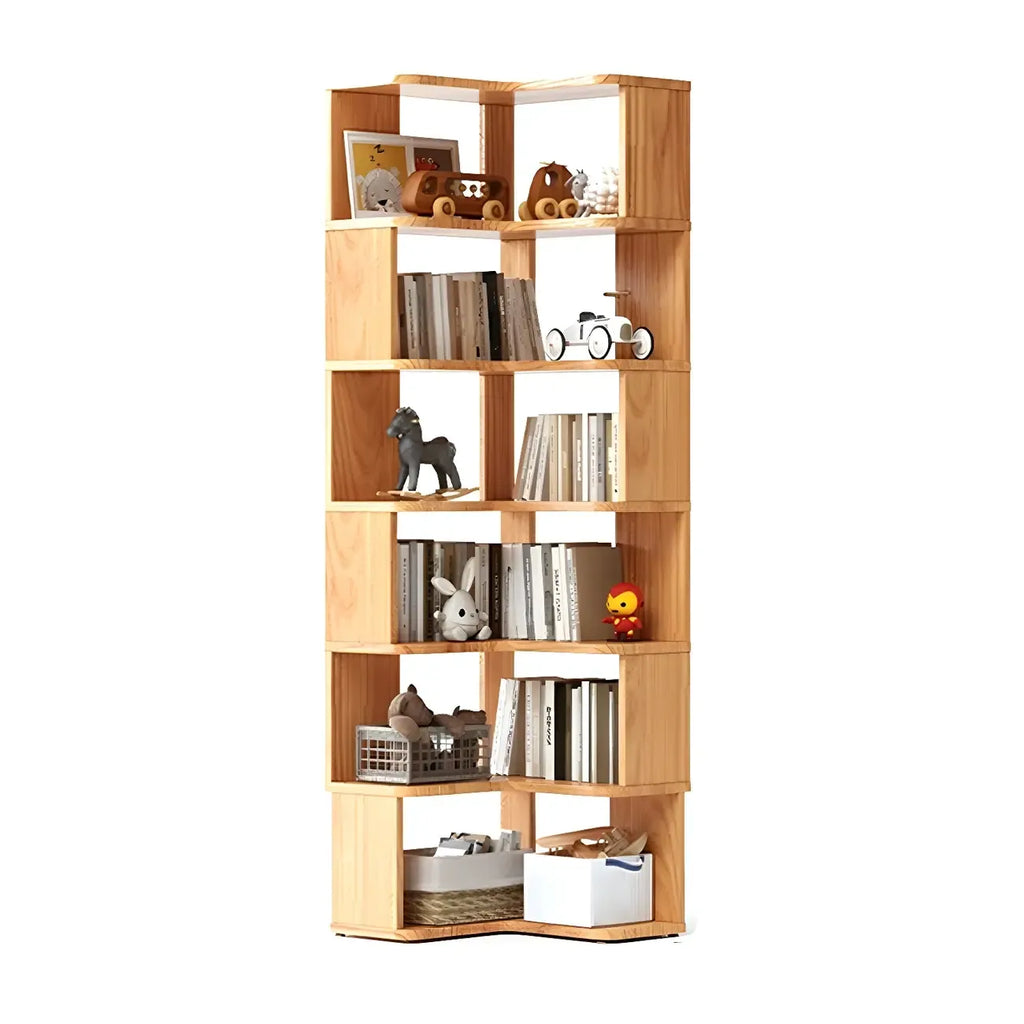 Modern L-Shaped Walnut Wood Open Back Corner Bookcase