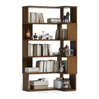 Modern L-Shaped Walnut Wood Open Back Corner Bookcase