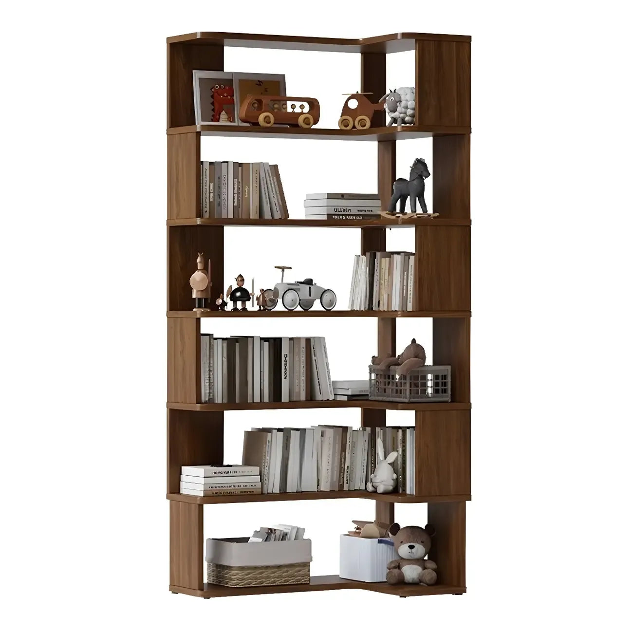 Modern L-Shaped Walnut Wood Open Back Corner Bookcase