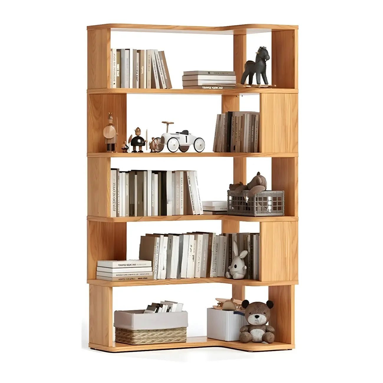 Modern L-Shaped Walnut Wood Open Back Corner Bookcase