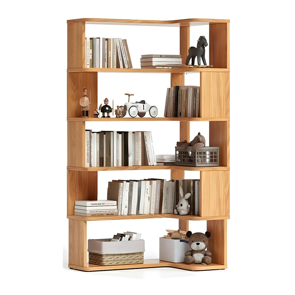 Modern L-Shaped Walnut Wood Open Back Corner Bookcase