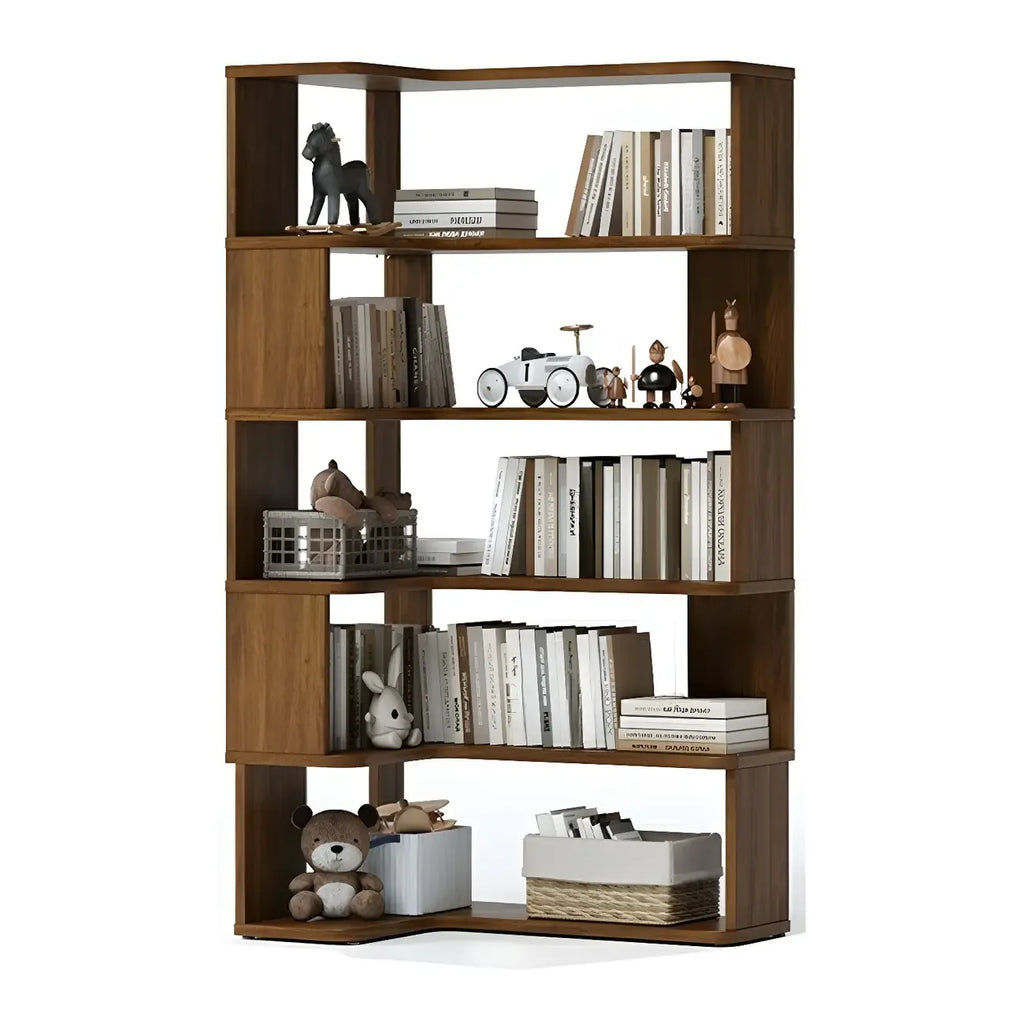 Modern L-Shaped Walnut Wood Open Back Corner Bookcase