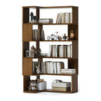 Modern L-Shaped Walnut Wood Open Back Corner Bookcase