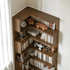 Modern L-Shaped Walnut Wood Open Back Corner Bookcase