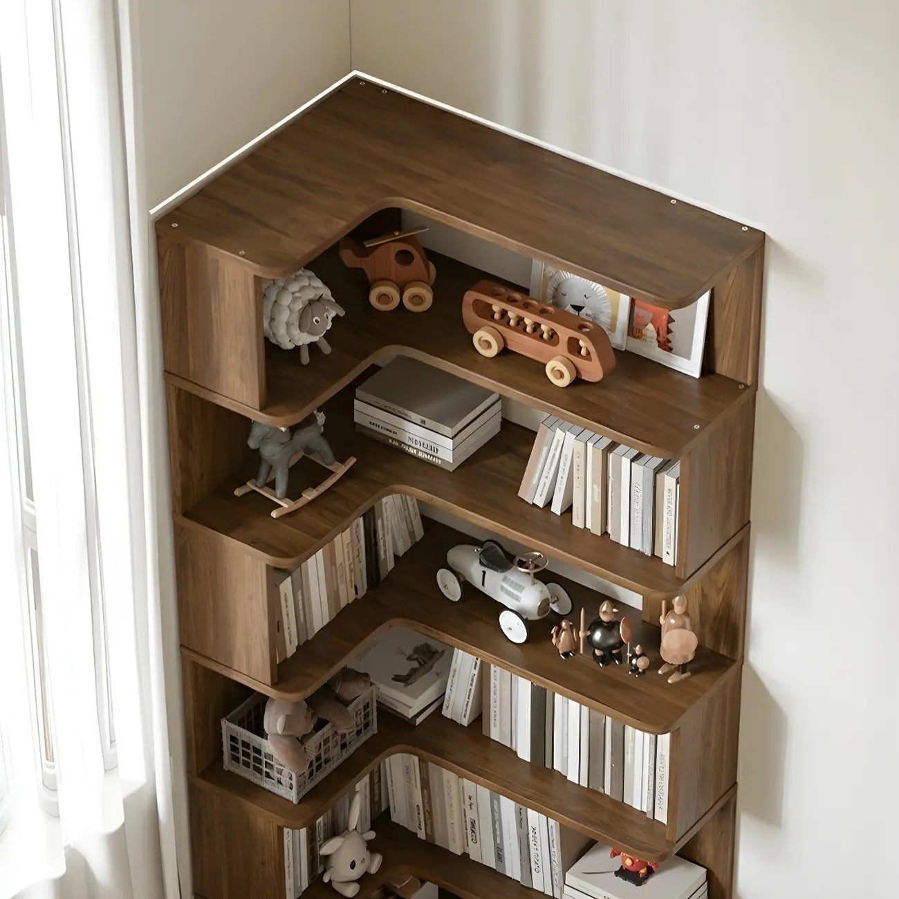 Modern L-Shaped Walnut Wood Open Back Corner Bookcase