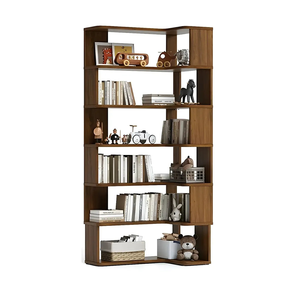 Modern L-Shaped Walnut Wood Open Back Corner Bookcase