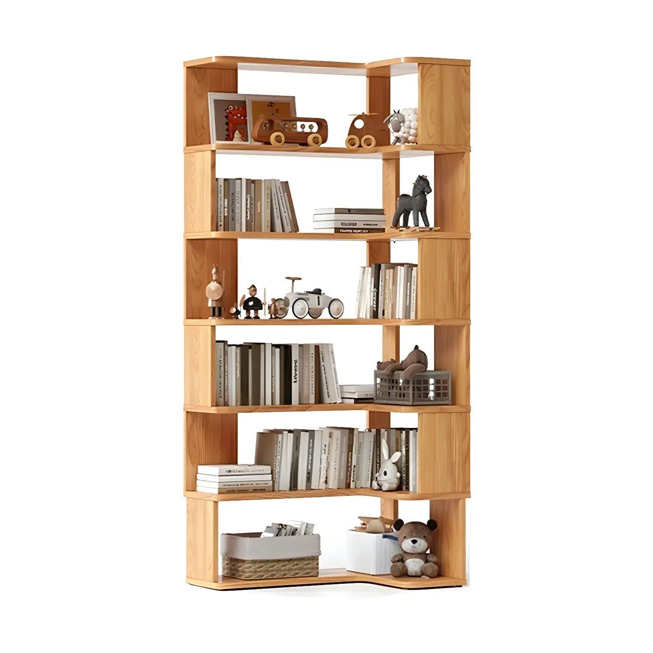 Modern L-Shaped Walnut Wood Open Back Corner Bookcase