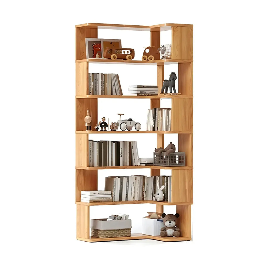 Modern L-Shaped Walnut Wood Open Back Corner Bookcase