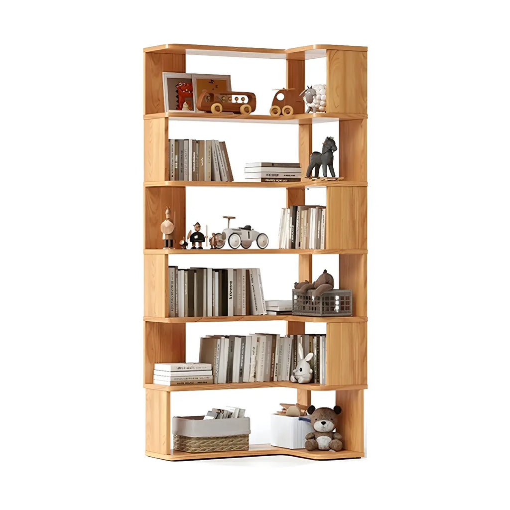 Modern L-Shaped Walnut Wood Open Back Corner Bookcase