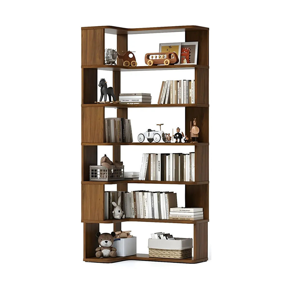 Modern L-Shaped Walnut Wood Open Back Corner Bookcase