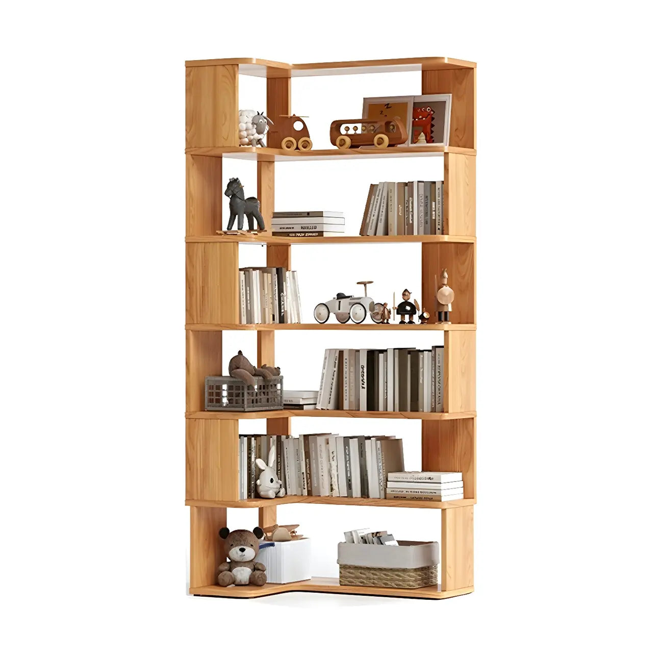 Modern L-Shaped Walnut Wood Open Back Corner Bookcase