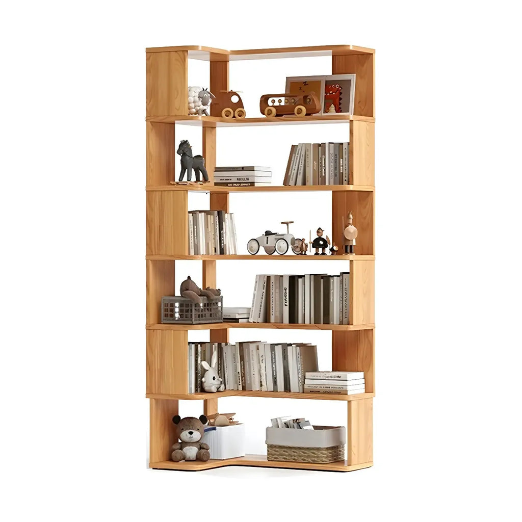 Modern L-Shaped Walnut Wood Open Back Corner Bookcase