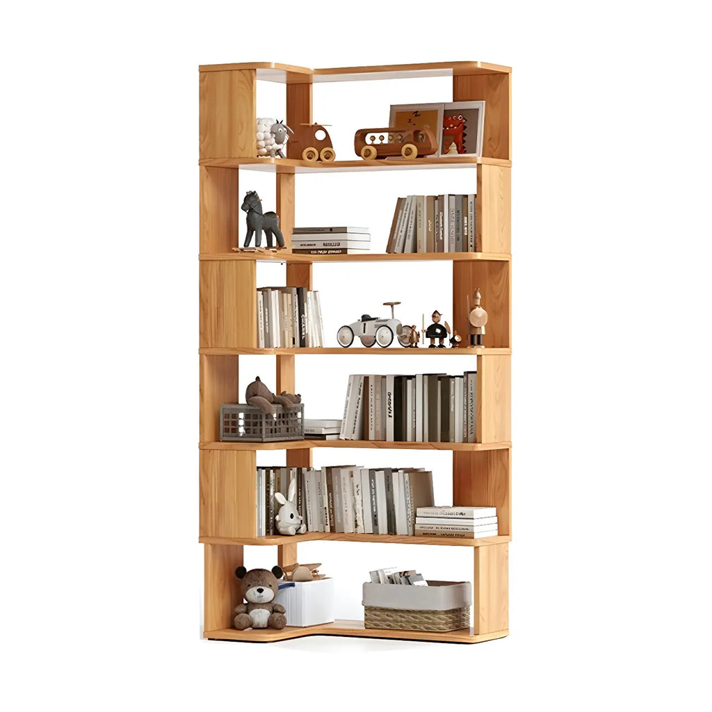 Modern L-Shaped Walnut Wood Open Back Corner Bookcase